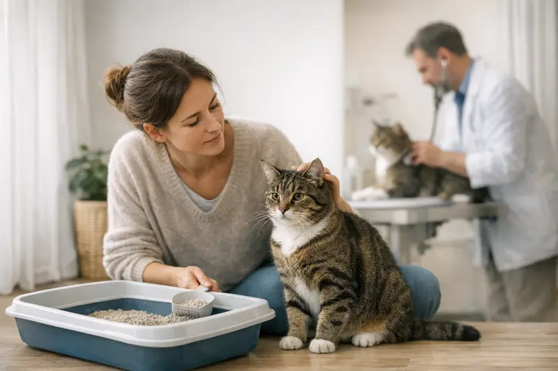 Eine Katze nutzt ein sauberes Katzenklo, das für die tierische Gesundheit wichtig ist.