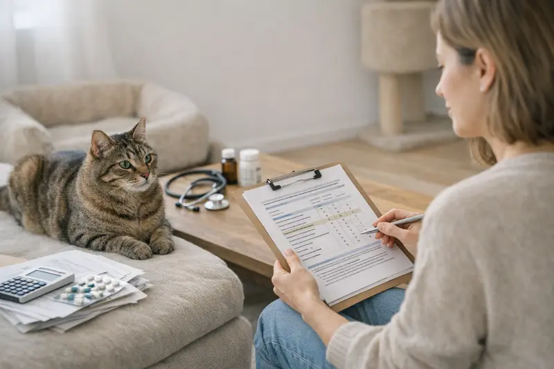 Tarifvergleich Katzenversicherung Eine Katze sitzt neben einem Computer, während ein Tarifvergleich für Katzenversicherungen angesehen wird.