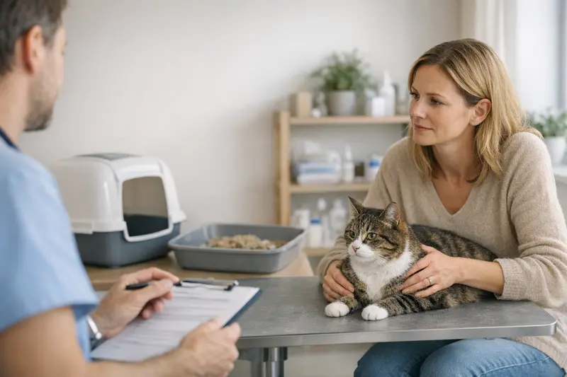 Unpassendes Katzenklo und gesundheitliche Folgen Eine Katze geht auf ein unpassendes Katzenklo und zeigt dabei Anzeichen von Unbehagen.