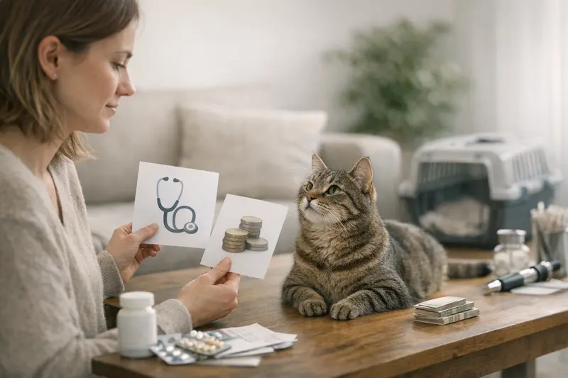 Eine Katze wird von einem Tierarzt untersucht, was die Wichtigkeit der Gesundheitsabsicherung zeigt.