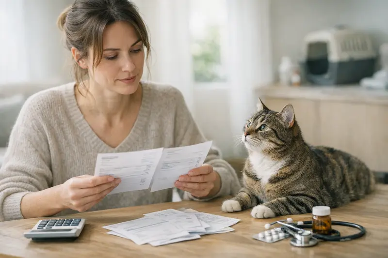 Eine Katze erhält eine tierärztliche Behandlung, während der Halter über die Selbstbeteiligung bei der Katzenversicherung nachdenkt.
