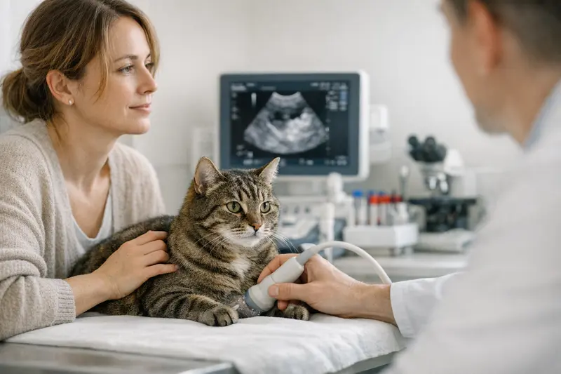 Katzenarzt bei der Diagnosestellung Tierarzt untersucht eine Katze mit Ultraschallgerät zur Diagnose.