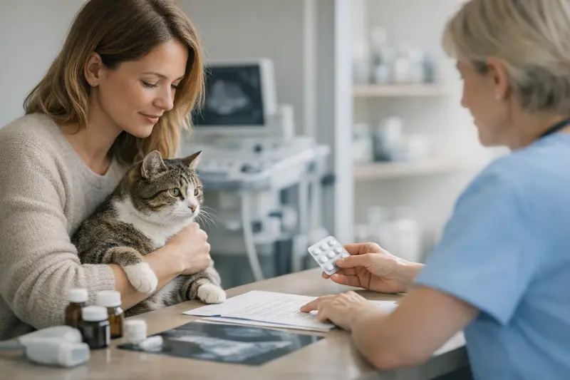 Katzenversicherung und Tierarztkosten Eine Katze wird von einem Tierarzt untersucht, eine relevante Leistung der Katzenversicherung.