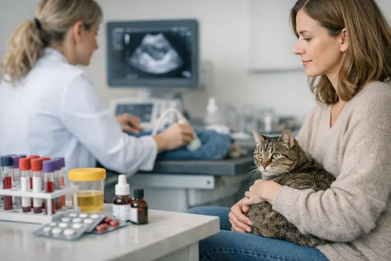 Tierarzt untersucht eine Katze mit Harnwegsproblemen und erklärt die möglichen Kosten für die Diagnostik.