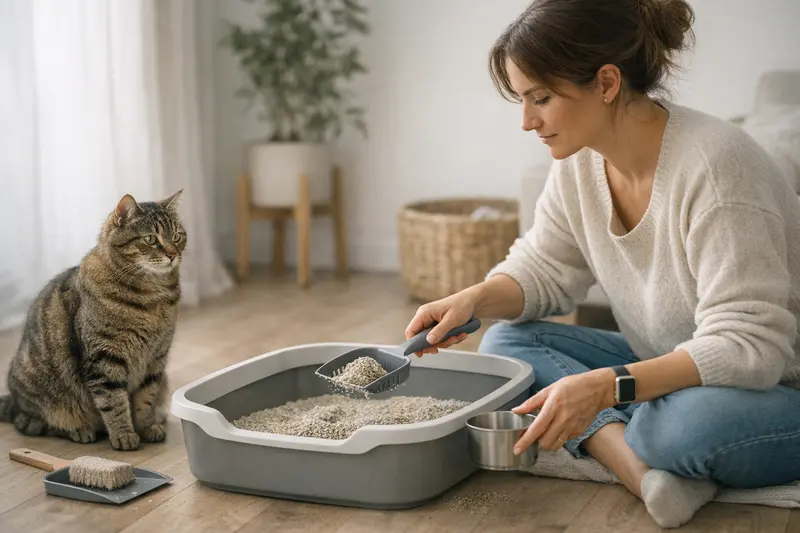 Katzenklo Hygiene für gesunde Katzen Eine Katze benutzt ein frisches Katzenklo, das regelmäßig gereinigt wird.