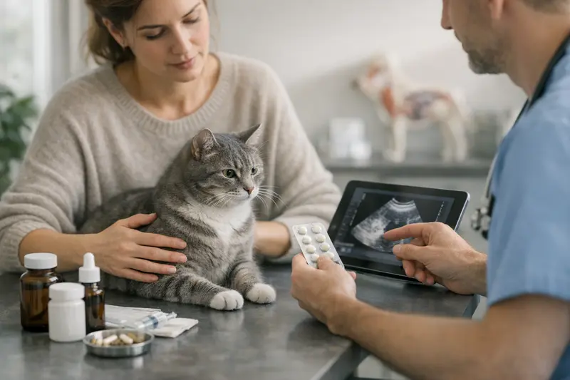 Katzenuntersuchung bei Magen-Darm-Problemen Eine Katze wird vom Tierarzt untersucht, um Magen-Darm-Probleme zu diagnostizieren.
