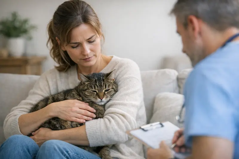 Eine besorgte Katze sitzt neben ihrem Besitzer, der besorgt an ihrem Kot analysiert.