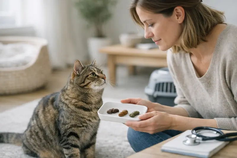Eine Katze sitzt entspannt und zeigt gesunde Kotfarbe in einem gleichmäßigen Braunton.