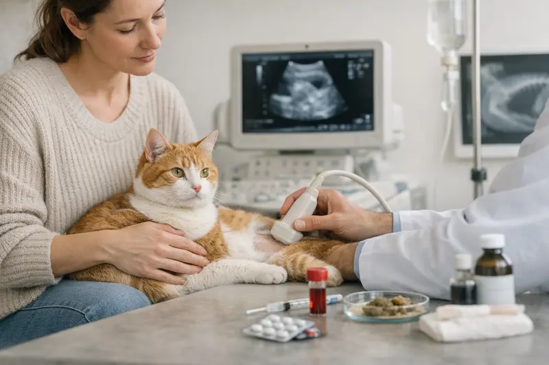 Tierarzt bei der Untersuchung einer Katze mit Kotproblemen.