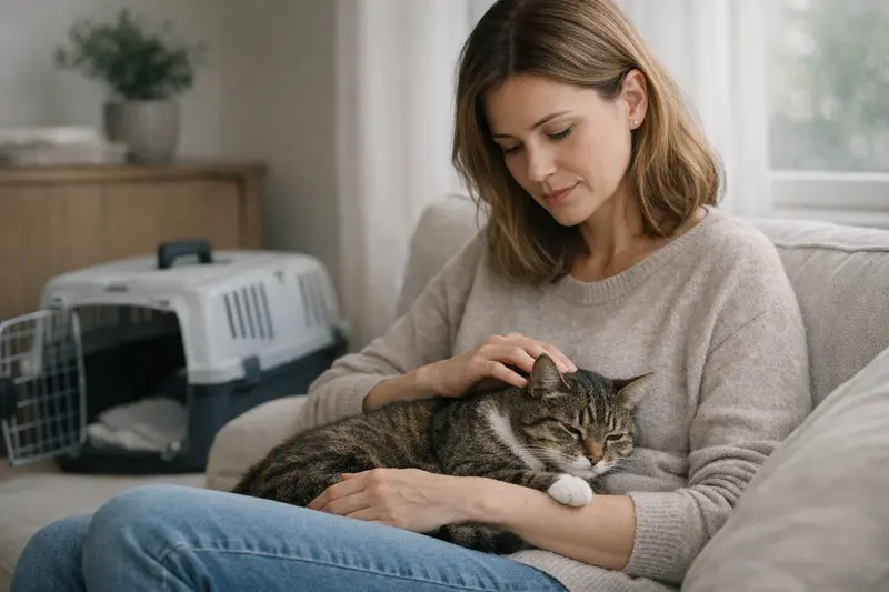 Tierarztbesuch bei Durchfall bei Katzen Eine nachdenkliche Katze sitzt auf einem Tisch, während ein Tierarzt sie untersucht, um bei Durchfall zu helfen.