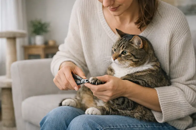 Eine Katze beim Kratzen an einem Kratzbaum zur natürlichen Abnutzung ihrer Krallen.