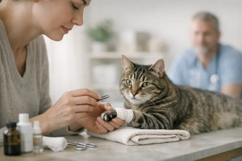 Tierarztbesuch wegen Krallenverletzung bei Katzen Katzenbesitzerin mit ihrer Katze bei der Tierarztuntersuchung nach einer Krallenverletzung.