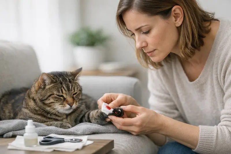Eine Katze mit blutender Kralle nach dem Schneiden, die von ihrem Besitzer beruhigt wird.