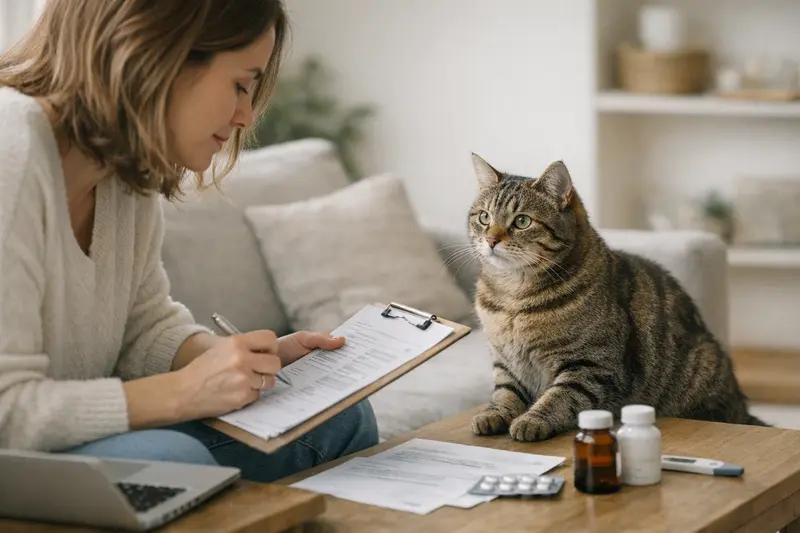 Katzenhalter vergleicht Tarife für eine Katzenversicherung am Laptop.
