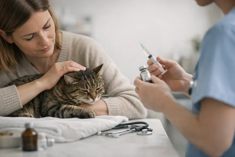 Sedierung bei gestressten Katzen Eine gestresste Katze während einer tierärztlichen Untersuchung mit Sedierung.