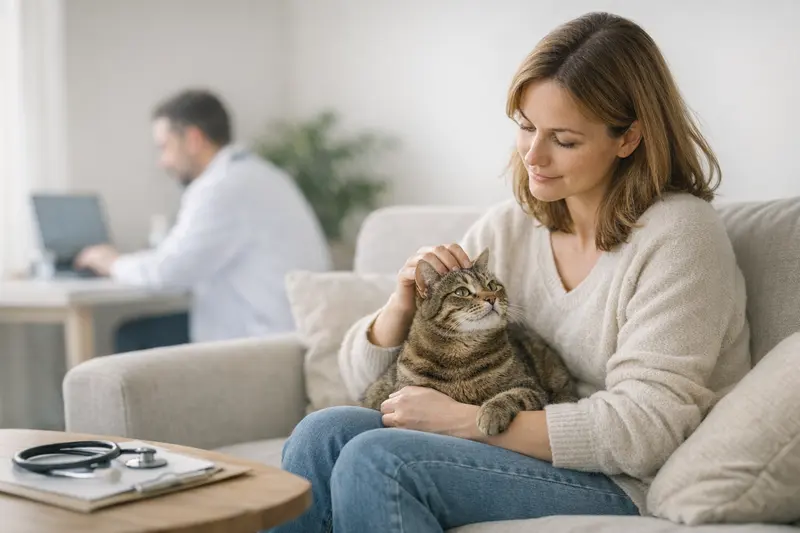 Eine Katze sitzt entspannt auf einem Sofa, während der Tierarzt sie untersucht, was die Bedeutung einer Katzenkrankenversicherung verdeutlicht.