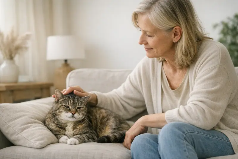 Eine ältere Katze entspannt auf einem Kissen, während der Gesundheitsstatus bei Versicherungsfragen geprüft wird.