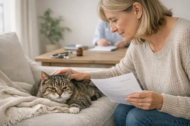 Eine Katze bei einem Tierarzt, die untersucht wird, um Informationen über Vorerkrankungen zu sammeln.