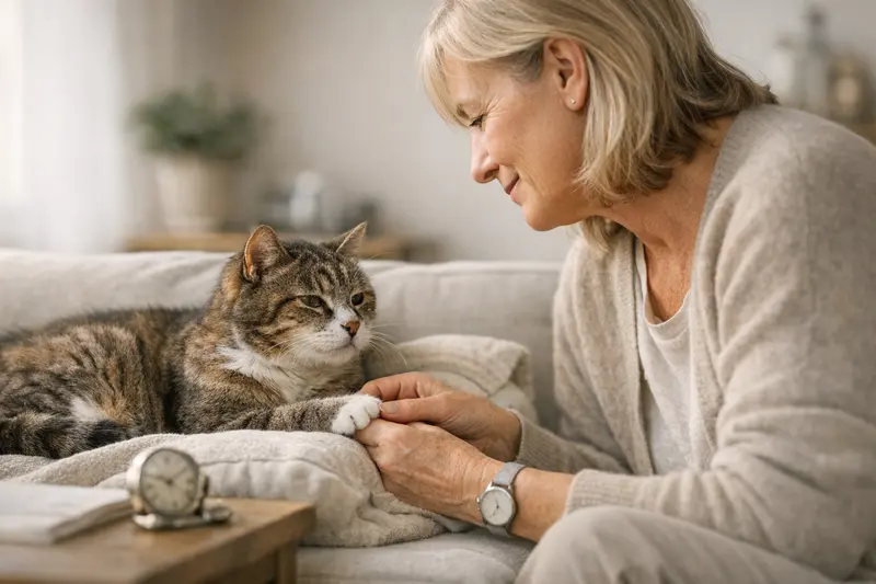 Wartezeiten bei älteren Katzen und ihre Bedeutung Ältere Katze entspannt auf einer Couch, während ein Tierarzt die Gesundheit überprüft und über Wartezeiten bei Behandlungen informiert.