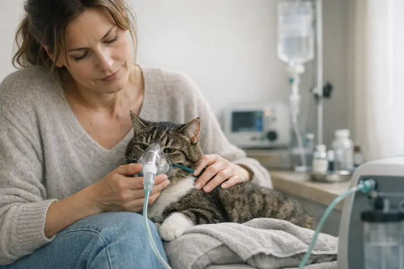 Katzengesundheit bei Atemwegsproblemen Eine Katze sitzt beim Tierarzt und wird auf Atemwegserkrankungen untersucht.