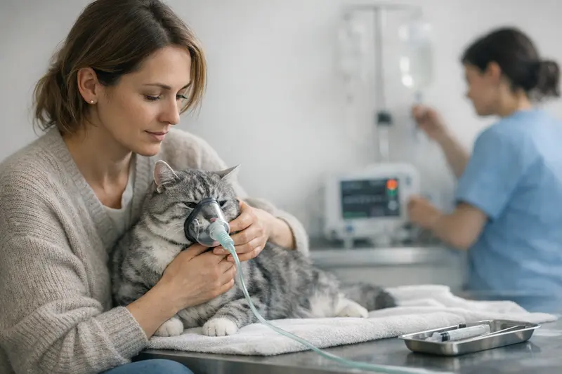 Notfallbehandlung Katze Atemnot Tierarzt untersucht Katze mit Atemnot während einer Notfallbehandlung.