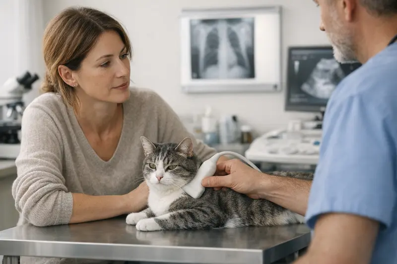 Diagnostik bei Katzen-Atemwegserkrankungen Eine Katze wird beim Tierarzt auf Atemwegsprobleme untersucht.