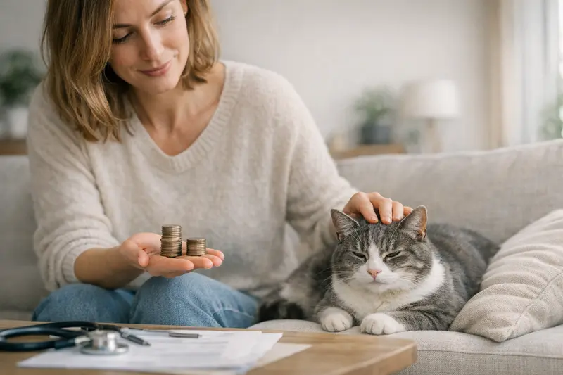 Selbstbeteiligung Katzenkrankenversicherung Eine Katze wartet entspannt im Wartezimmer beim Tierarzt, während die Halterin Informationen zur Selbstbeteiligung einholt.