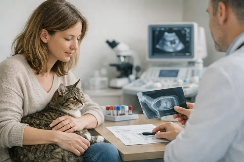 Diagnostik bei Katzenkrankenversicherungen Qualifizierte Tierärzte führen diagnostische Untersuchungen bei einer Katze durch.