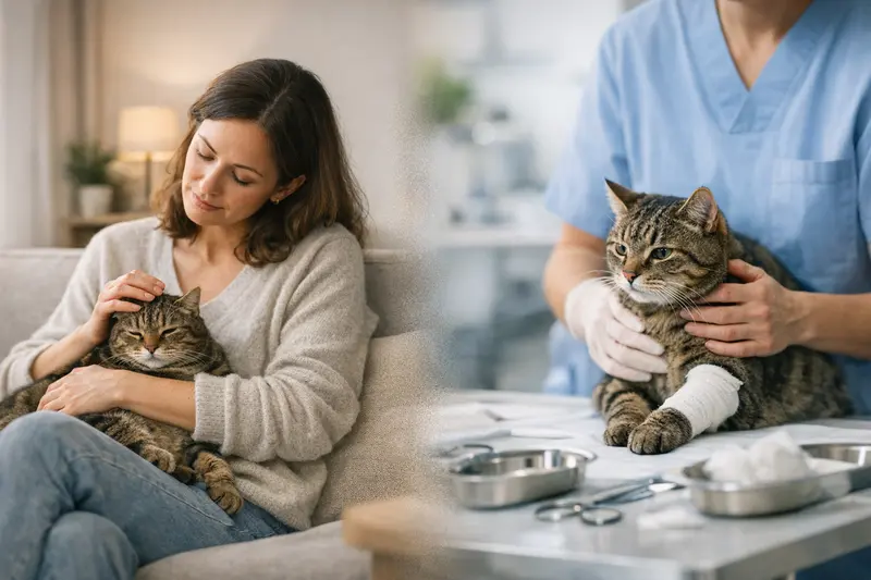 Eine Katze auf dem Tisch beim Tierarzt, während einer Untersuchung. Die Szene verdeutlicht die Wichtigkeit von Katzenkrankenversicherungen.