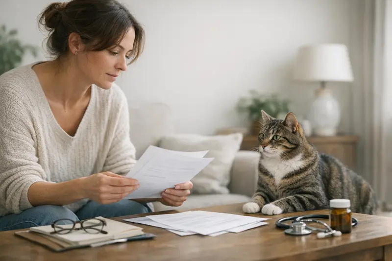 Wichtige Punkte vor dem Abschluss einer Katzenkrankenversicherung Eine Katze mit einem medizinischen Dokument, das wichtige Informationen zur Katzenkrankenversicherung enthält.