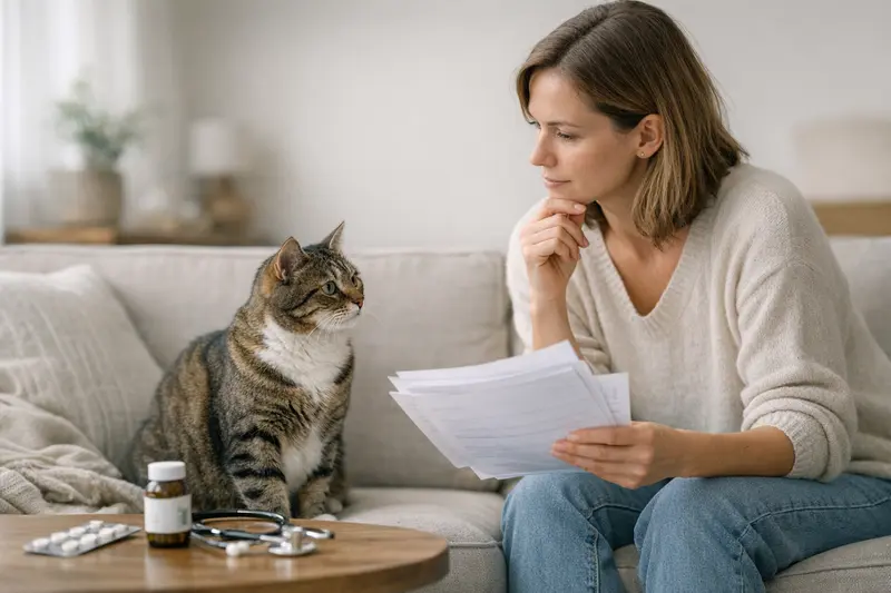 Katzenversicherung Tarifdetails Katzengesundheit: Eine Katze beim Tierarzt wird untersucht, wichtige Tarifdetails werden besprochen.