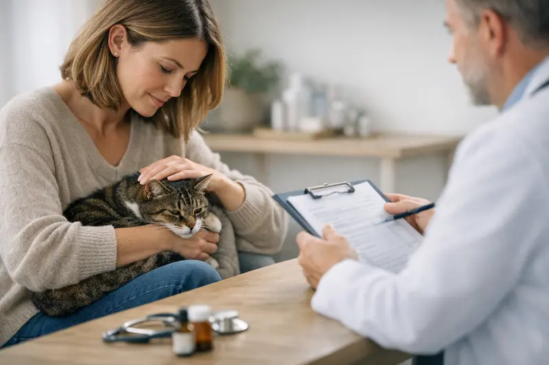 Katzenversicherung und Tierarztbesuch Eine Katze beim Tierarzt zur Untersuchung, Symbol für die Wichtigkeit einer Katzenversicherung.