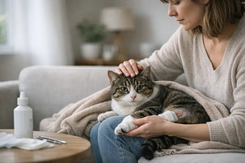 Eine Katze sitzt neugierig auf einem Schreibtisch, während ein Tierarzt am Computer arbeitet und Informationen zu Versicherungsfragen durchgeht.