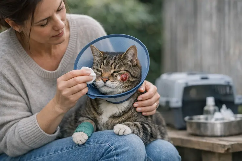 Freigänger-Katze beim Spielen im Garten, die häufigen Verletzungsrisiken ausgesetzt ist.