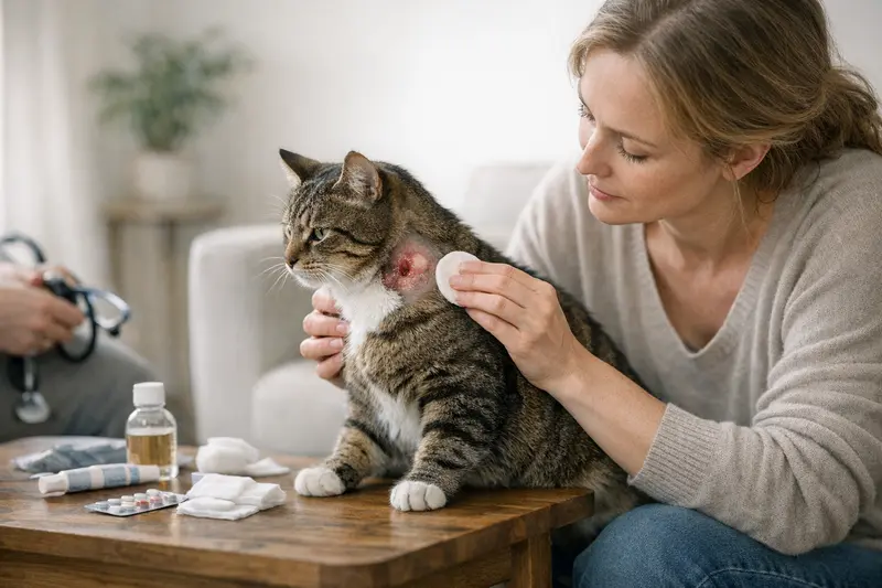 Abszessbehandlung bei Katzen Eine Katze wird vom Tierarzt untersucht, um eine Abszessbehandlung zu klären.