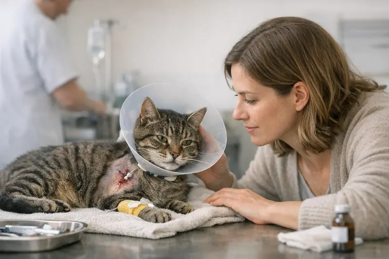 Tierarzt untersucht eine Katze mit Abszess, während die Halterin besorgt zuschaut.