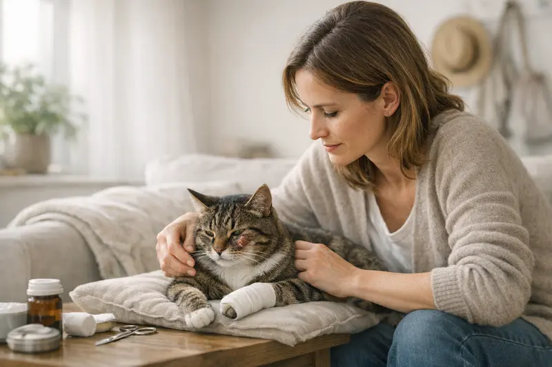 Frei herumlaufende Katze untersucht Verletzung am Pfotenbereich, symbolisiert Kosten und Selbstbeteiligung der Katzenkrankenversicherung.