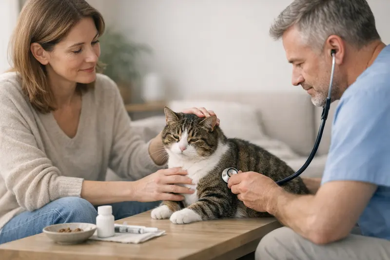 Vorsorgeleistungen bei der Katzenkrankenversicherung Tierärztin untersucht eine Katze auf Vorsorgeleistungen im Rahmen der Katzenkrankenversicherung.