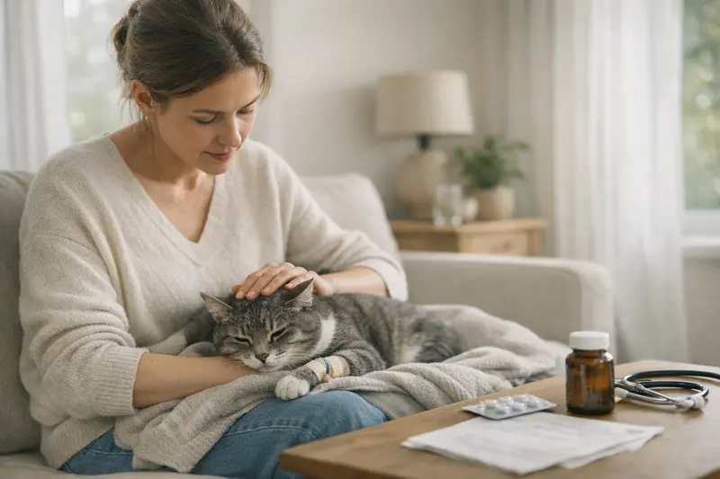 Eine Katze wird von einem Tierarzt untersucht, während der Besitzer besorgt zuschaut.