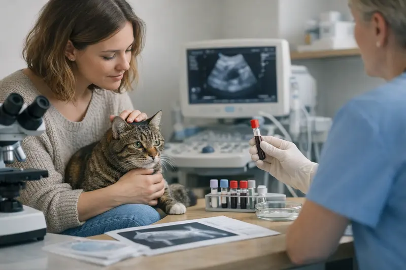 Tierarztuntersuchung bei Katze Eine Katze wird von einem Tierarzt untersucht, Bezug zur Diagnostik in der Katzenkrankenversicherung.