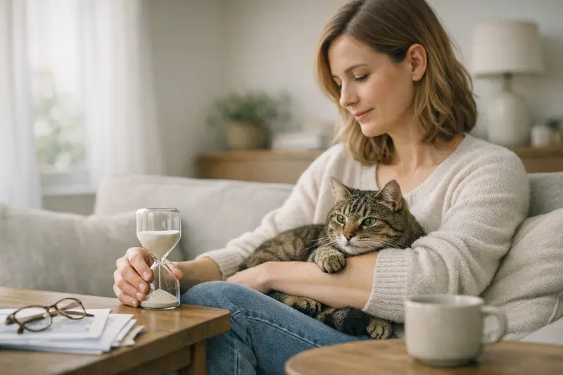 Wartezeiten bei Katzenversicherungen Eine Katze liegt entspannt auf einem Schreibtisch, während ein Versicherungsdokument über Wartezeiten neben ihr liegt.