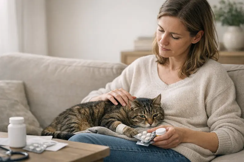 Eine Katze mit einem Tierarzt, die eine Untersuchung erhält, während die Frage zur Versicherbarkeit bestehender Erkrankungen behandelt wird.