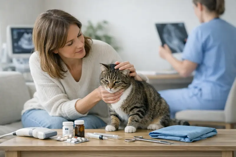 Ein Tierarzt untersucht eine Katze vor einer Operation, dabei werden mögliche Diagnosen besprochen.