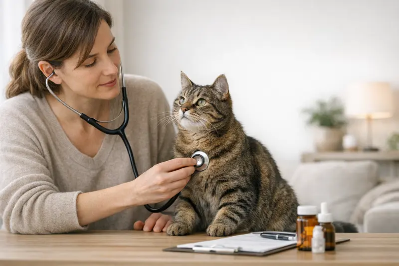 Vorsorge bei der Katzenkrankenversicherung Eine glückliche Katze beim Tierarzt zeigt, wie wichtig Vorsorge in der Katzenkrankenversicherung ist.