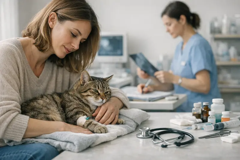 Eine Katze wird während einer Untersuchung von einem Tierarzt betreut, um die umfassenden Leistungen einer Katzenkrankenversicherung zu veranschaulichen.