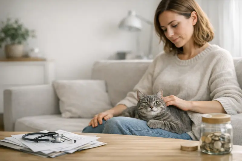 Eine besorgte Katze sitzt vor einem Tierarztbesuch, was zeigt, warum eine Katzenkrankenversicherung wichtig sein kann.
