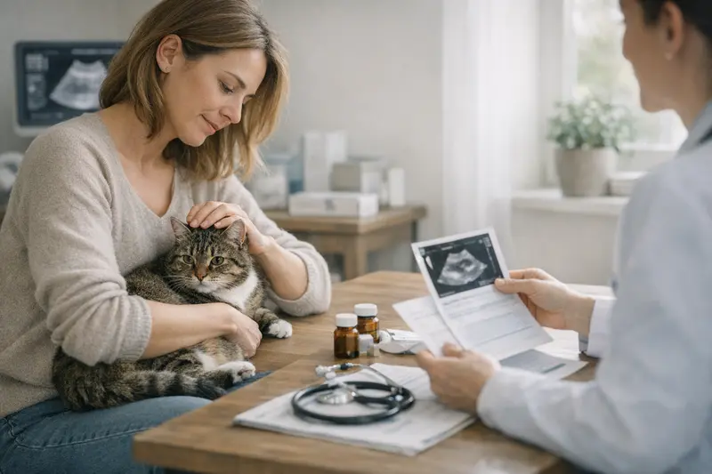 Eine glückliche Katze bei einem Tierarztbesuch, um die Wichtigkeit einer Katzenkrankenversicherung zu verdeutlichen.