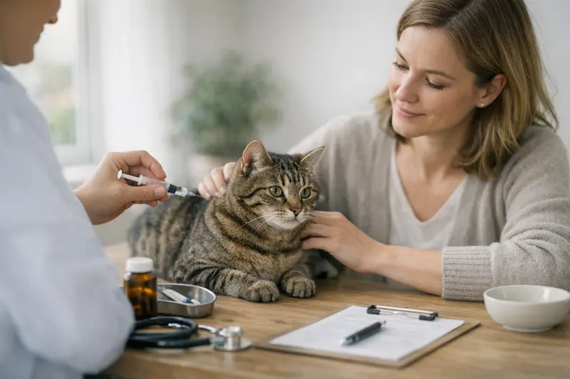 Vorsorge in der Katzenkrankenversicherung Katzenhalter bei einem Gesundheitscheck mit Tierarzt für Vorsorgeleistungen