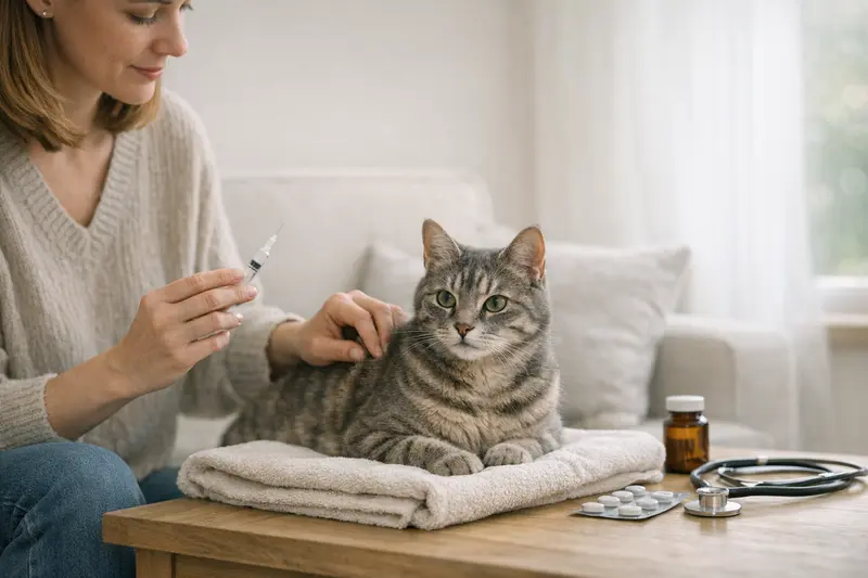 Katzengesundheit und Vorsorgeleistungen Eine Katze beim Tierarzt, die für eine Impfung vorbereitet wird, was Teil der Vorsorgeleistungen einer Katzenversicherung sein kann.