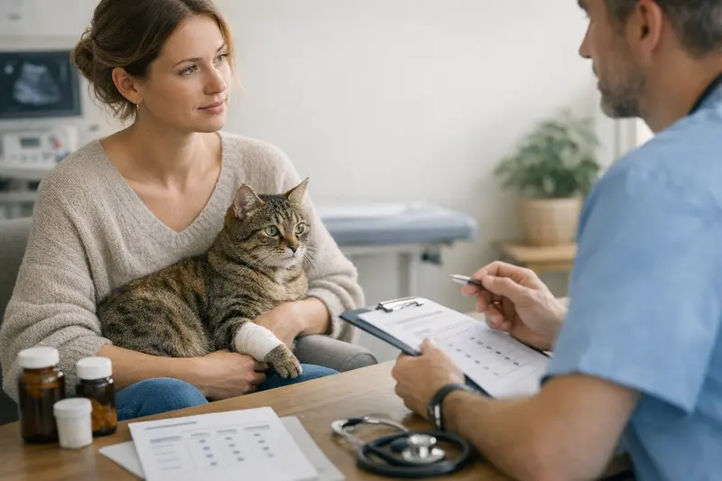 Tarifvergleich Katzenversicherung Katzengesundheit im Fokus: Ein Tierarzt bespricht Behandlungsmöglichkeiten mit einem Katzenhalter.